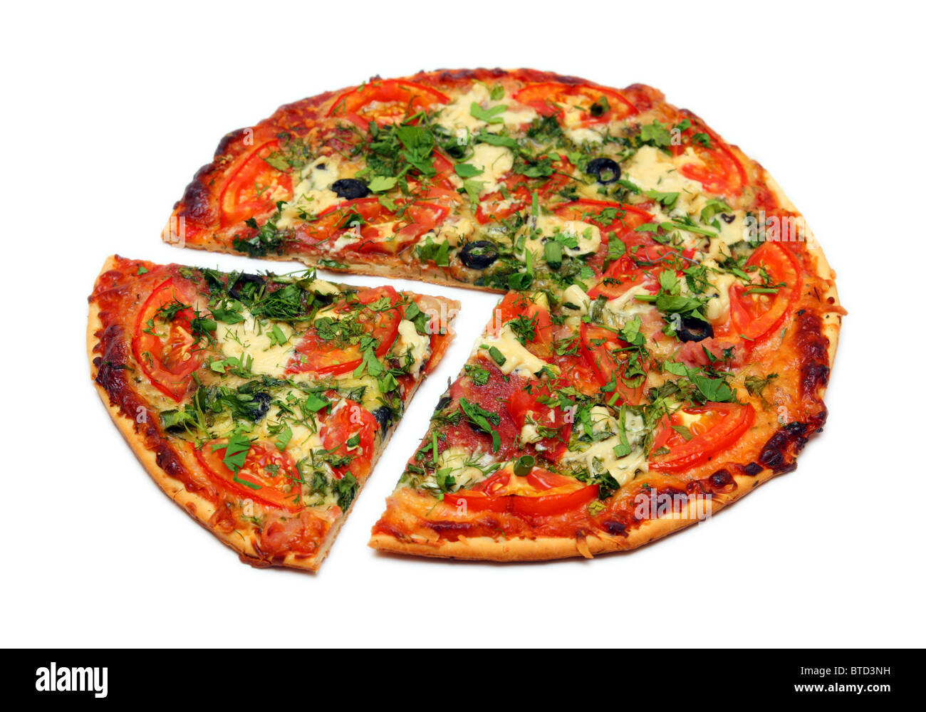 Gros morceau de pizza isolated on white Banque D'Images