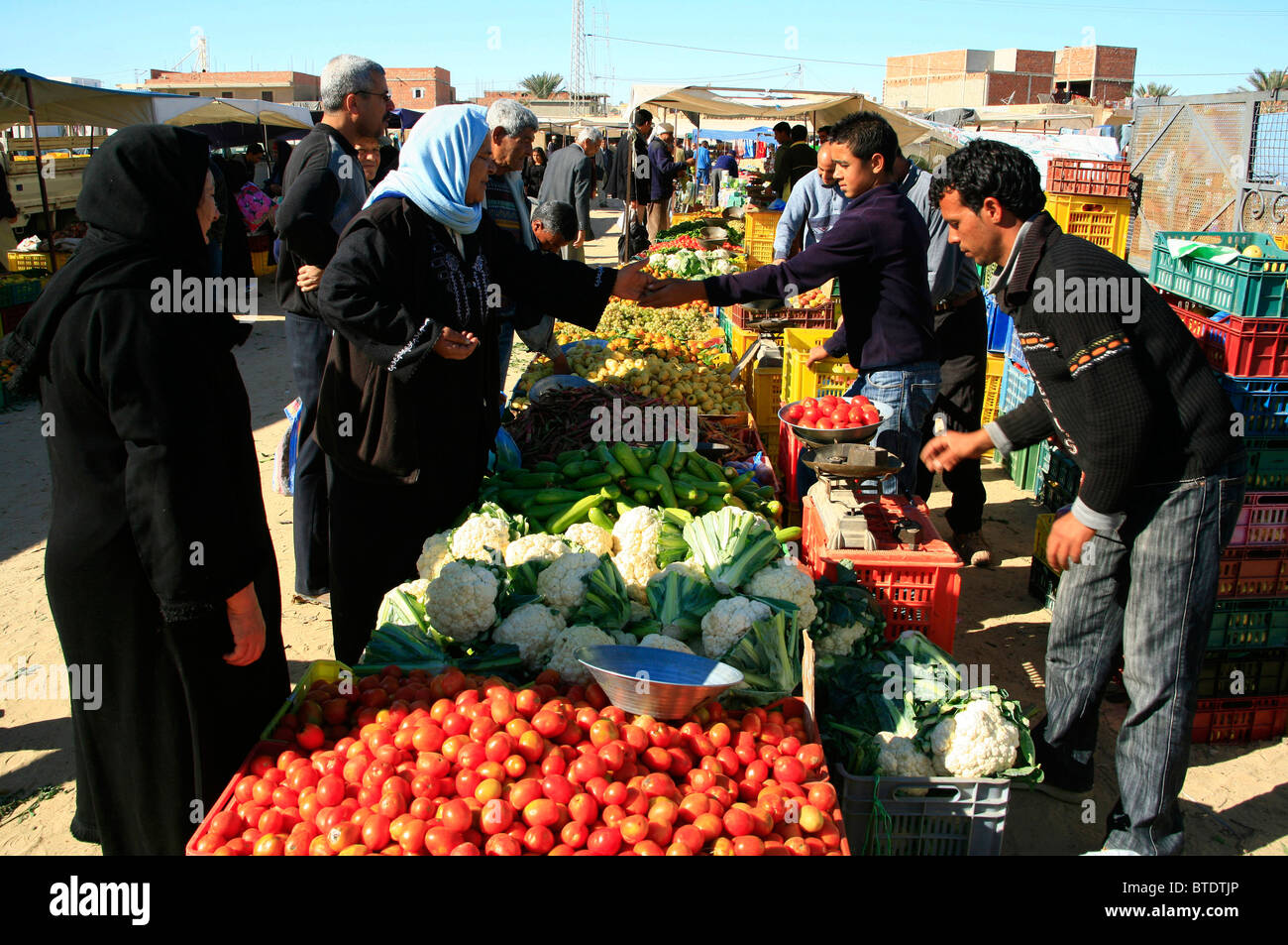 Les femmes musulmanes l'achat de fruits et légumes au marché local Banque D'Images