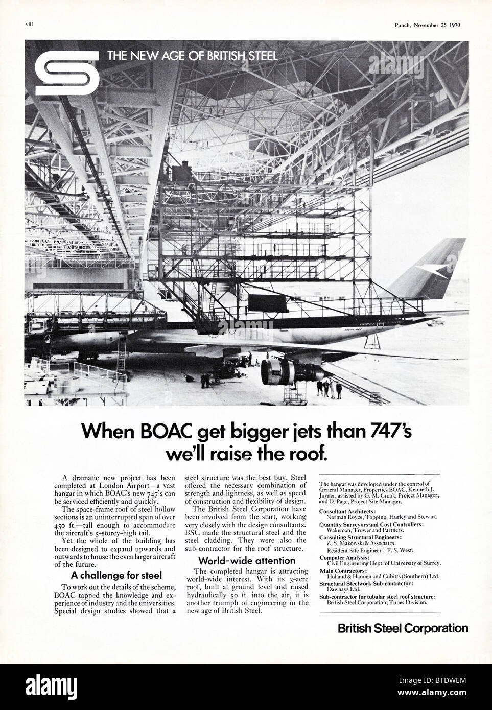 Annonce de BSC British Steel Corporation magazine Punch en date du 1er décembre 1970 Banque D'Images
