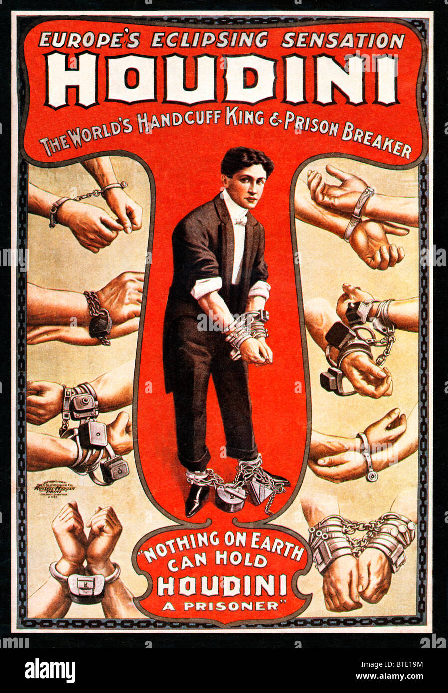 Houdini, 1906 affiche pour le Roi et de menottes mondes Prison Breaker, le Hungarian-American escapologist cour suprême Banque D'Images