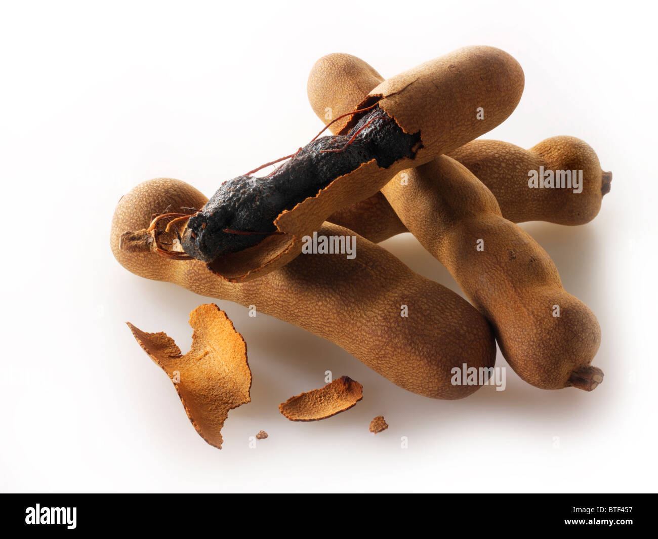Tamorind entier frais arrangement composé gousses isolés contre un fond blanc Banque D'Images