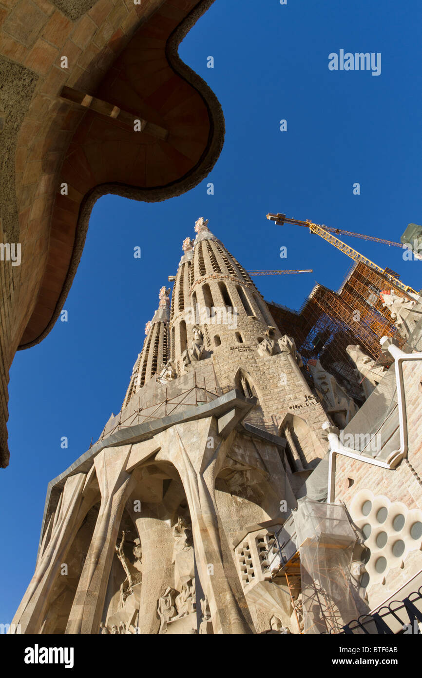 Vue grand angle à l'skywards Sagrada Familia et de l'École par Antoni Gaudi Banque D'Images