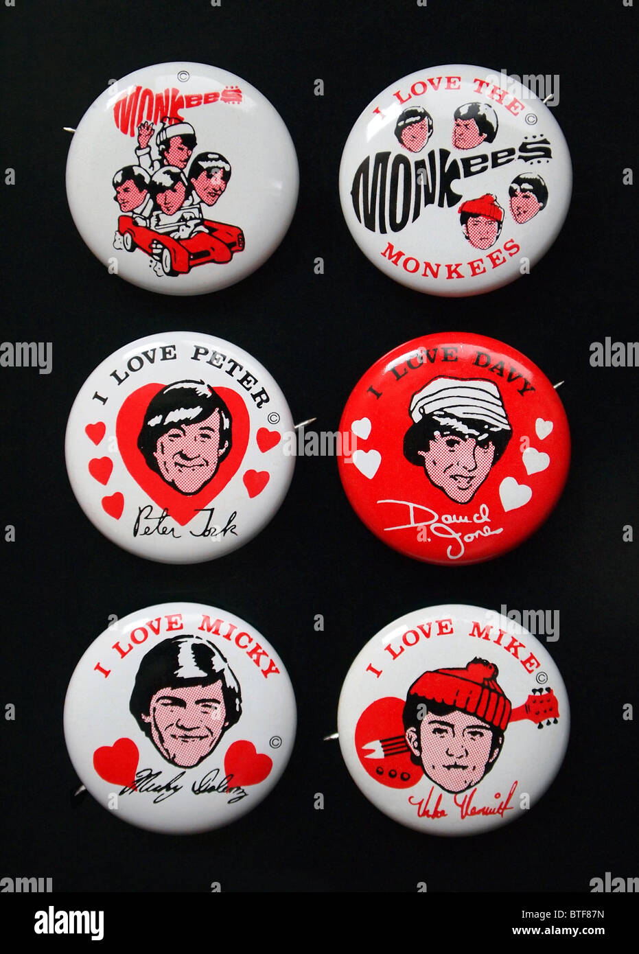 Badges Bouton pour le groupe pop américain Le Monkees, ch. 1967 Banque D'Images