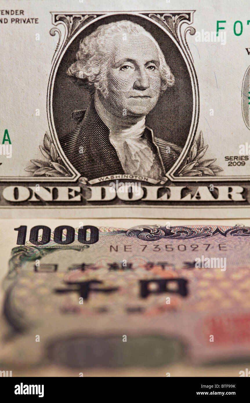 Remarque Un dollar et yen 1000 bank note Banque D'Images Remarque Un dollar et yen 1000 bank note Banque D'Images