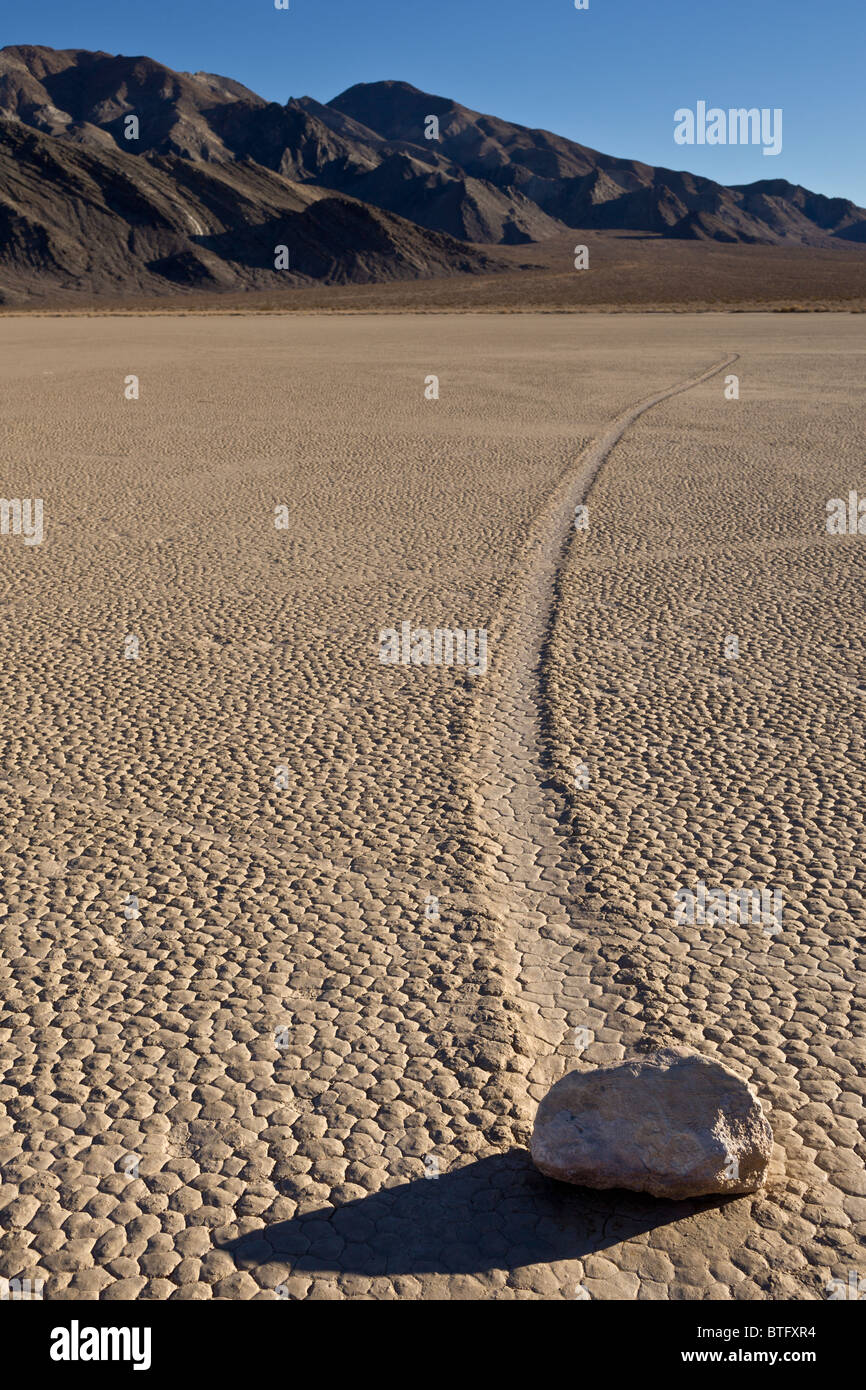 Des pierres ou des roches à glisser mystérieusement se déplacent sur la Racetrack Playa dans Death Valley National Park, California USA. Banque D'Images