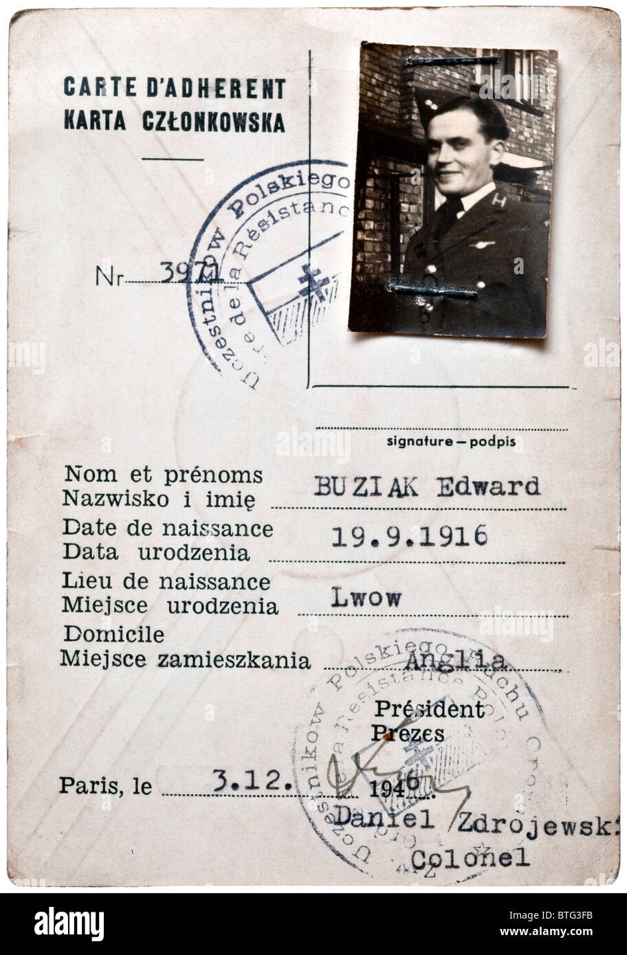 WW2 Français / carte d'identité de la résistance polonaise. Banque D'Images