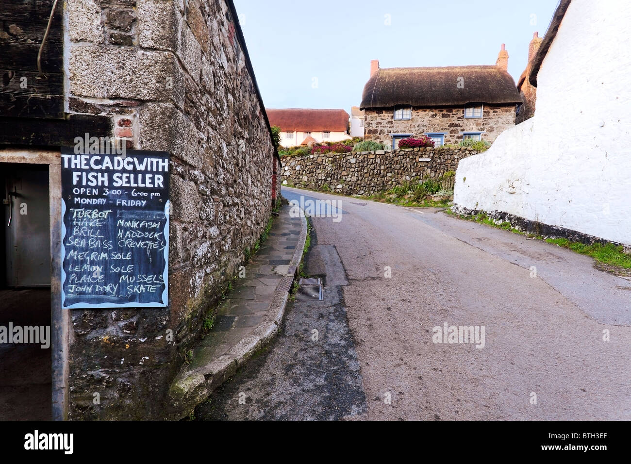 Une cabane de pêcheur annonce poisson frais pour la vente au village de pêcheurs de Cadgwith Cove sur la Péninsule du Lézard de Cornwall Banque D'Images