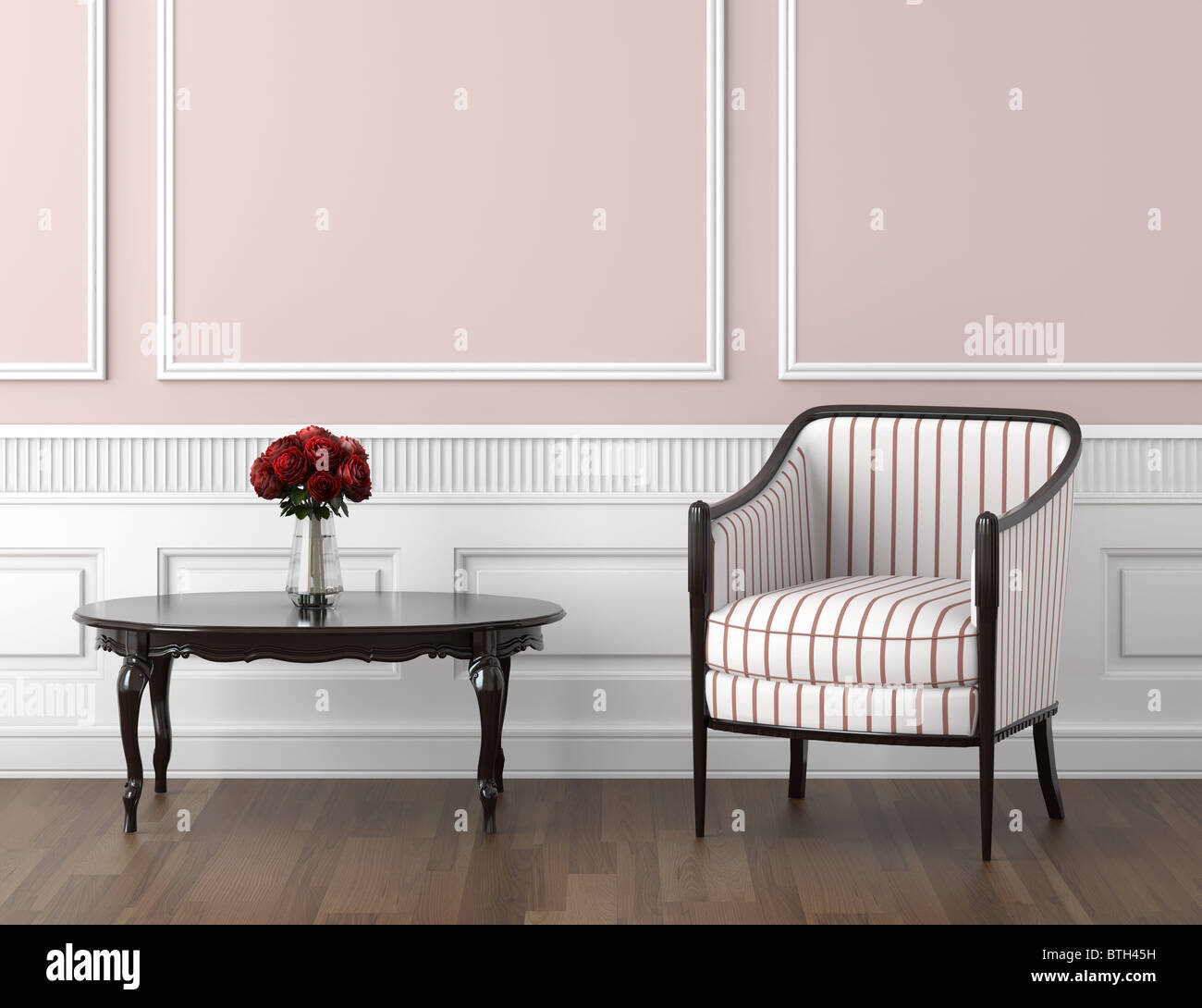 Design intérieur de la chambre classique en rose pâle et blanc avec chaise table et roses, l'espace de copie sur le dessus de la moitié Banque D'Images