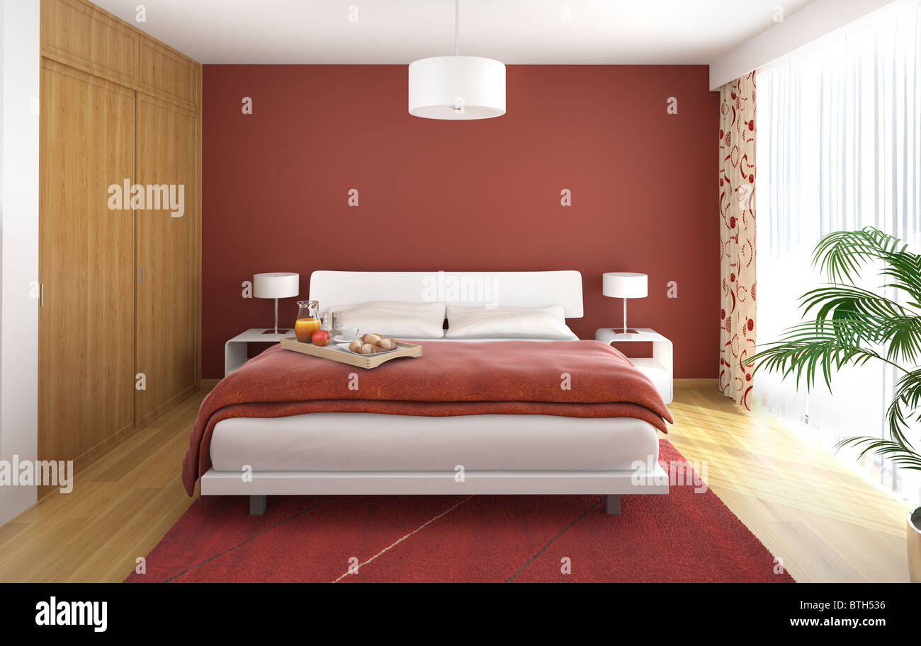 Design intérieur de la chambre à coucher moderne en bois blanc et rouge  avec une grande fenêtre sur le droit Photo Stock - Alamy