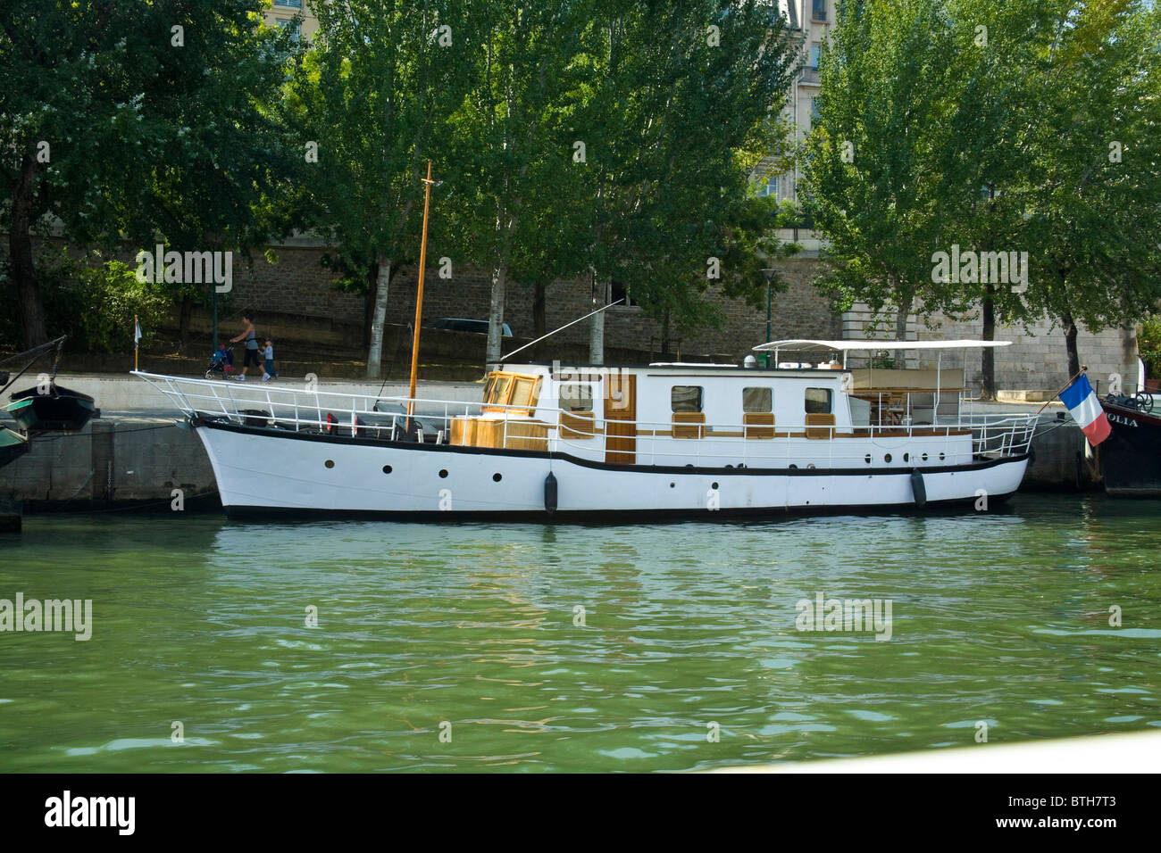 Cruising Yacht, arbres, rivière Seine, Paris, France Banque D'Images