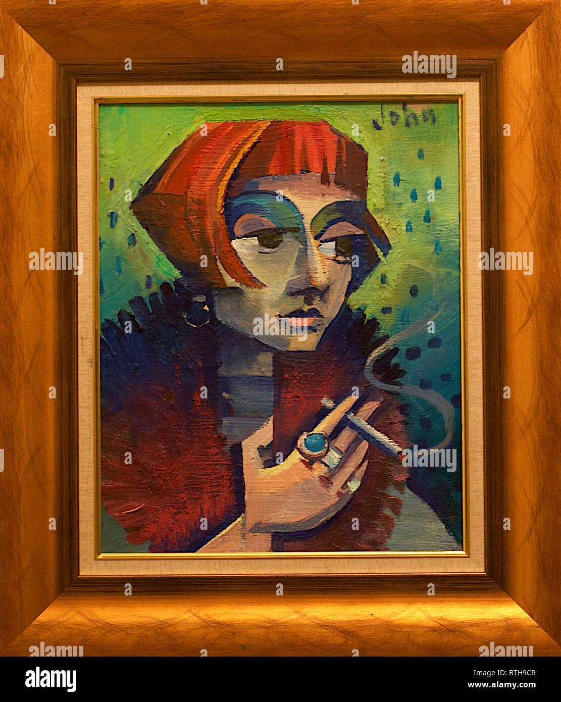 Peinture, dame fumeurs,cheveux,rouge avec cadre en bois,Norfolk,UK Banque D'Images