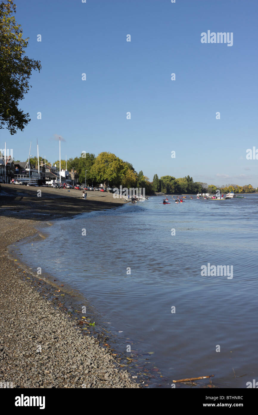 Les canoéistes locaux souhaitent profiter de la marée basse et temps magnifique sur la Tamise à Putney. Banque D'Images