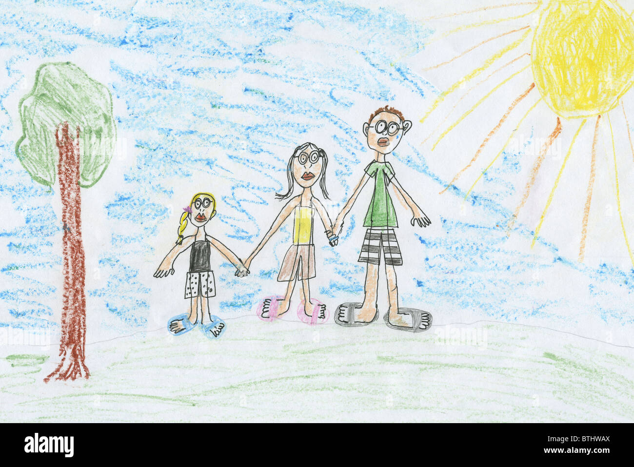 Un dessin d'enfant d'une famille, pastel Banque D'Images