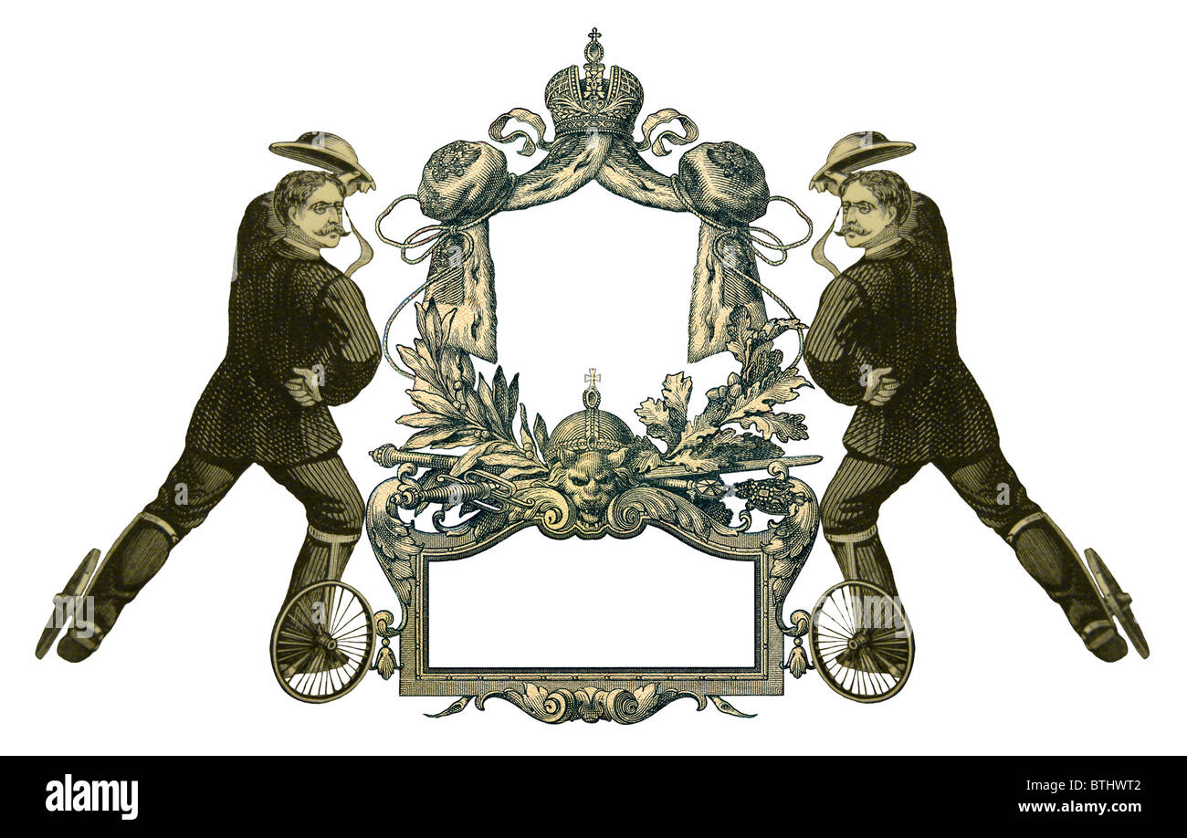 Couleur luxueusement illustré ancien cadre victorien avec deux homme sur patins à roulettes. Banque D'Images