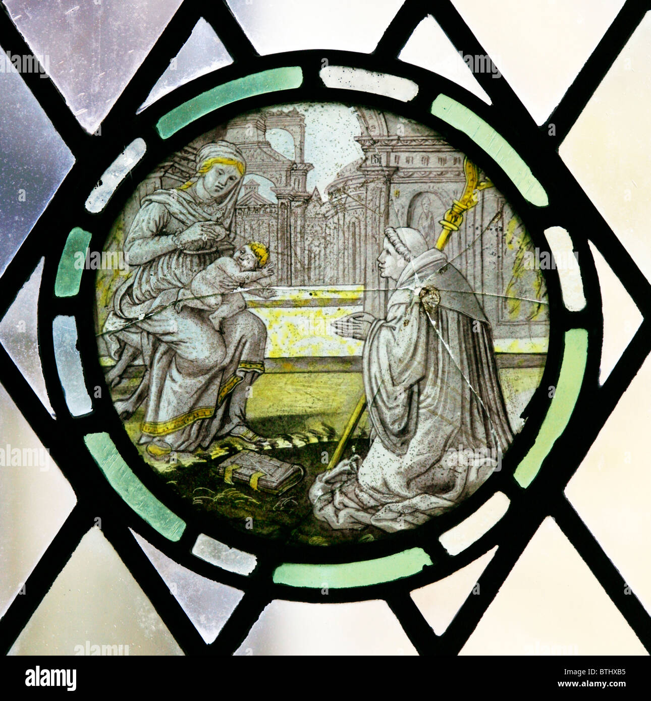 Un vitrail, de la Vision de saint Bernard ; école flamande, vers 17e siècle ; St Michael's et tous les Anges, Teffont, Evias - Wiltshire Banque D'Images