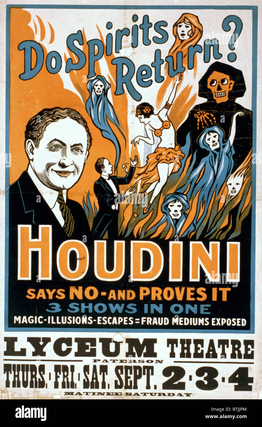 Houdini, l'affiche pour un spectacle de magie par Harry Houdini, vers 1909. Banque D'Images
