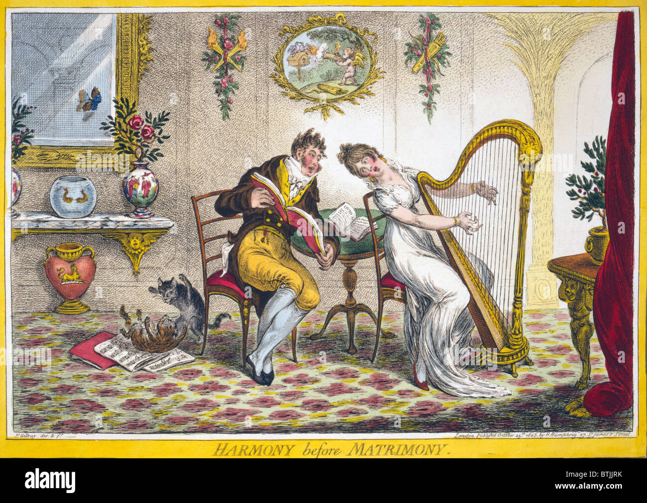 L'harmonie avant le mariage. Une jeune femme et un jeune homme à chanter un duo. La femme joue de la harpe tout en regardant par-dessus son épaule à la music book, 'Duets de L'Amour", dont l'homme est titulaire. Gravure de Gillray 1805. Banque D'Images