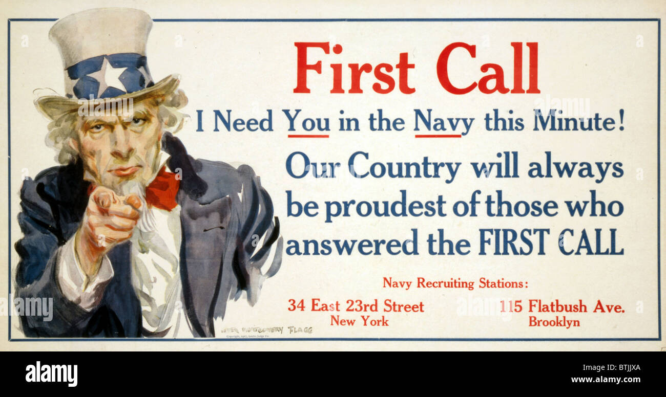 L'Oncle Sam, 'premier appel' affiche de recrutement de la Marine américaine par James Montgomery Flagg, 1917 Banque D'Images