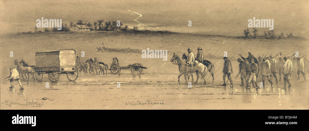La guerre civile.Une marche à travers les flancs pays au cours d'une douche thunder. Les troupes de l'Union mars à la pluie et la boue, Février, 1862. Dessin par Edwin Forbes, 1861-1865. Banque D'Images