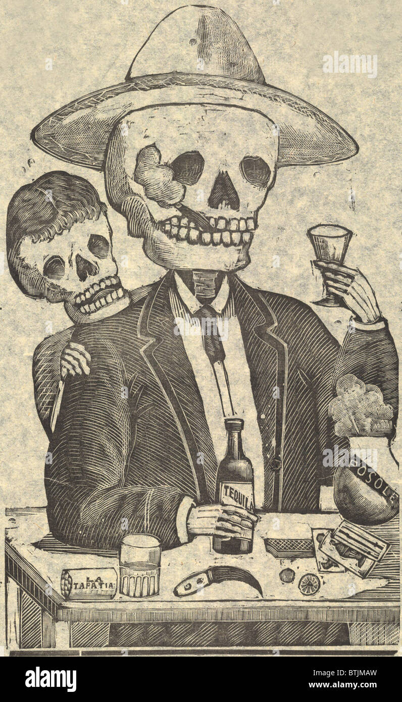Détail de Calavera Tapatia, traduction : Crânes de l'Etat de Jalisco, broadside montrant squelette mâle ayant un verre de tequila et fumer un cigare, Mexico, par Manuel Manilla, 1910. Banque D'Images