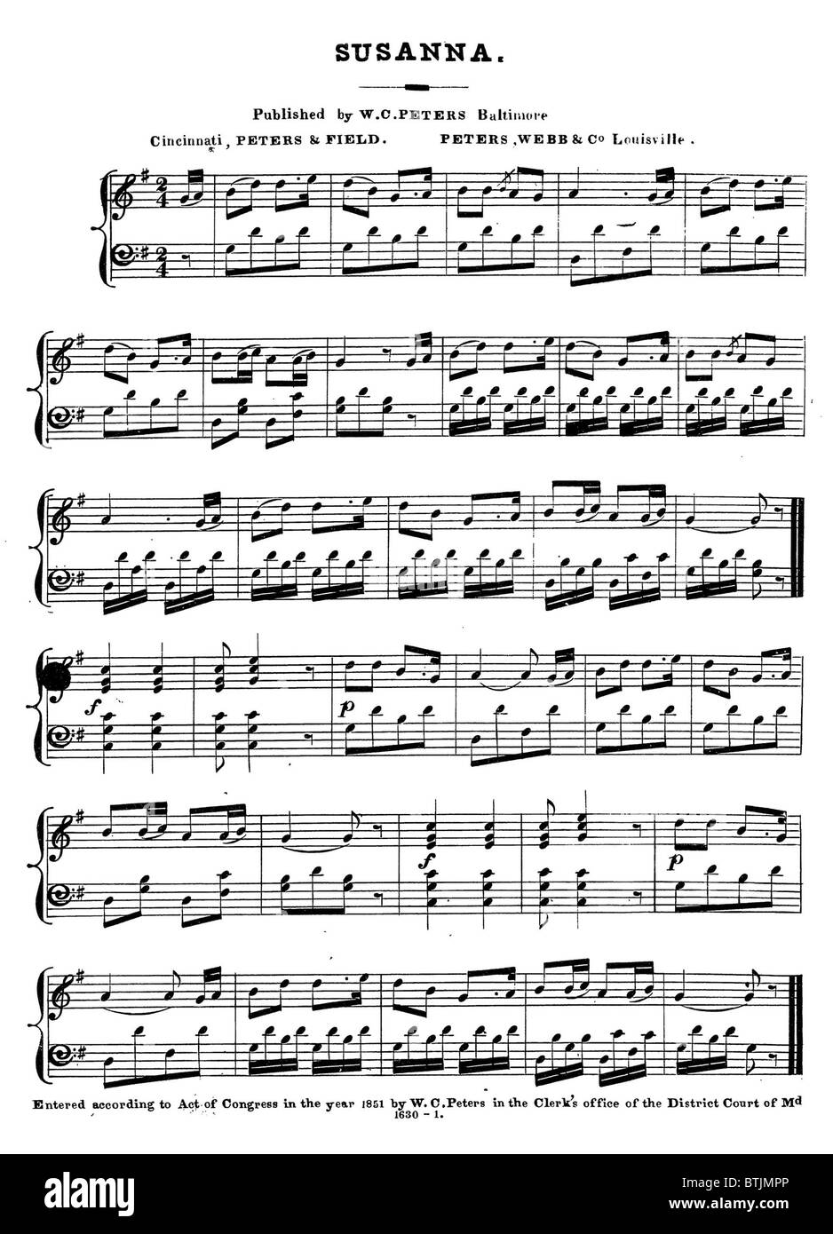 Susanna, populairement connu sous le nom de Oh ! Susanna, chanson américaine par Stephen Foster, partitions, vers 1851. Banque D'Images