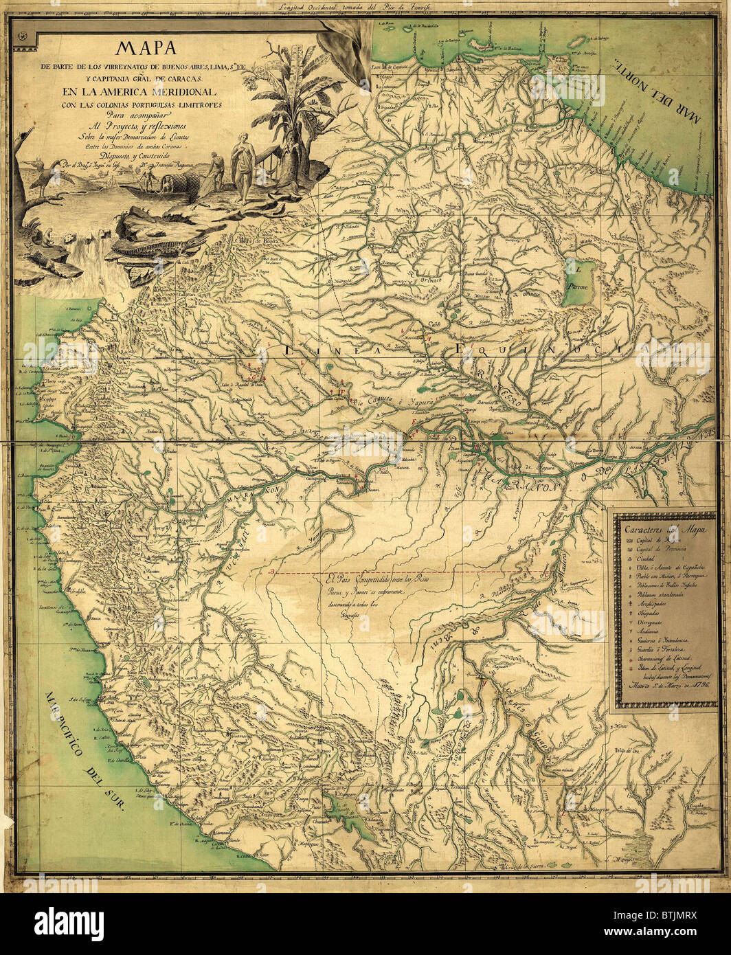 1896 site du nord-ouest de l'Amérique du Sud, montrant l'ouest du bassin amazonien. Cartouche montre les indigènes d'Amérique du Sud et d'animaux. Banque D'Images