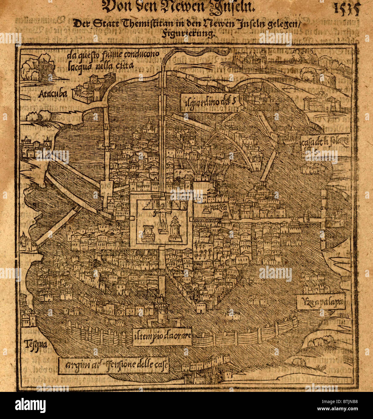 Capitale aztèque, Tenochtitlan, maintenant à Mexico, à partir d'une carte 1597 par Sebastian Munster. Carte montre l'île où l'original a été construit Tenochtitlan, entouré de lacs qui ont plus tard été séché par des colons espagnols. Banque D'Images