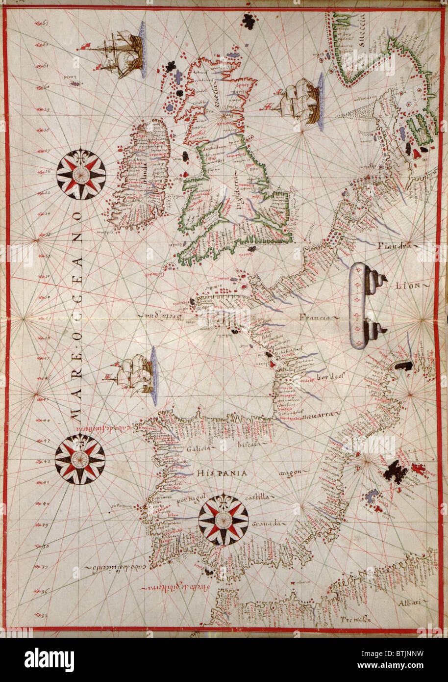 1590 carte nautique de wesern Europe, détaillant côte de l'Espagne, Portugal, France, Angleterre, Flandre, et en Scandinavie. Banque D'Images