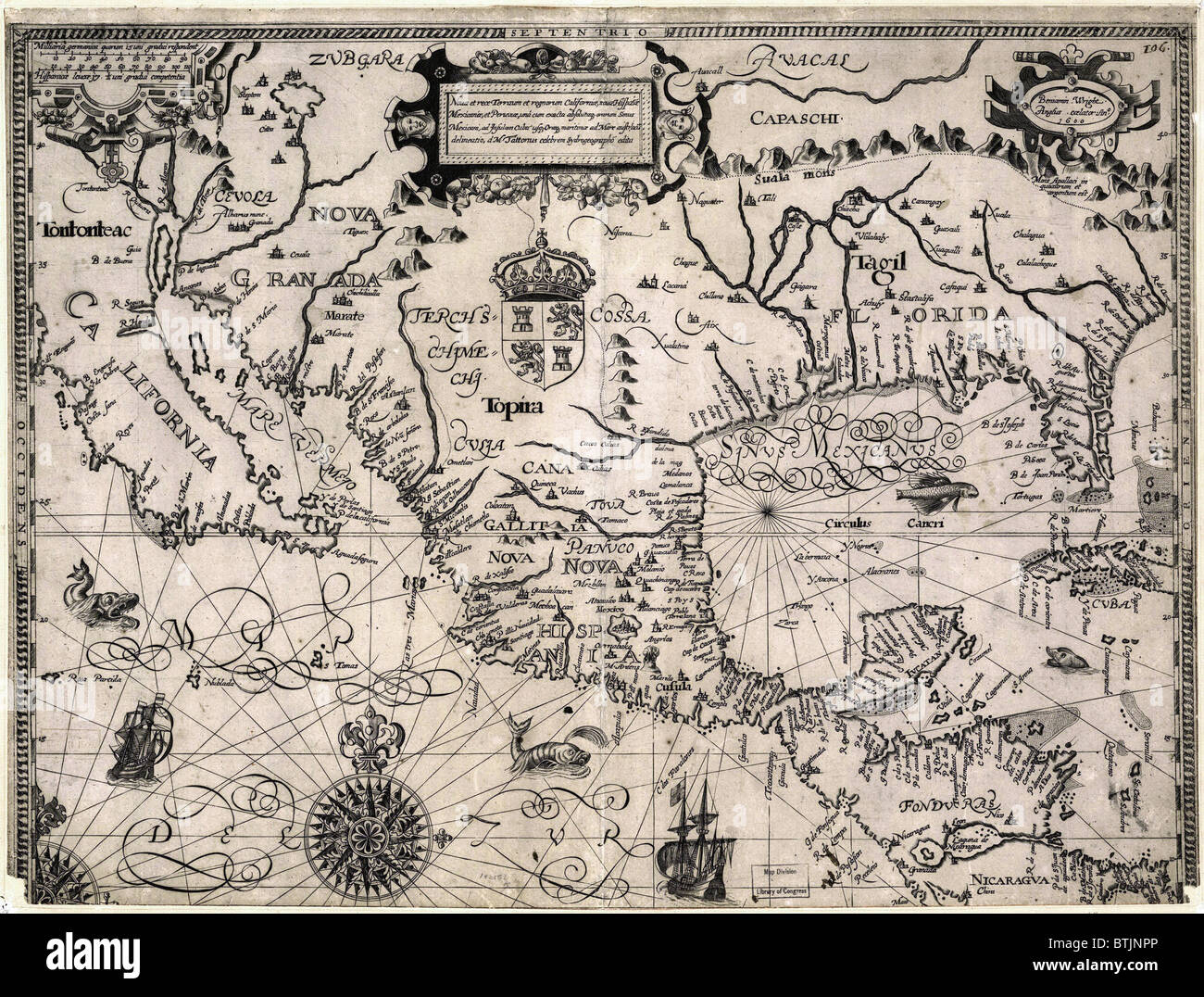 1600 Carte des territoires espagnols en Amérique du Nord, y compris le Mexique, Cuba, en Californie et en Floride. Banque D'Images