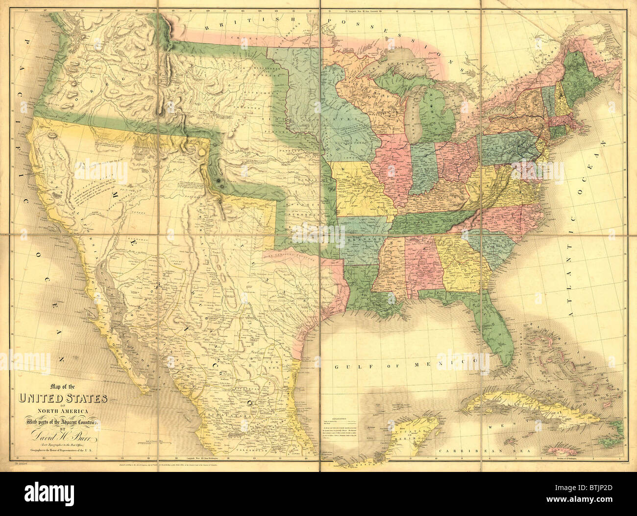 1839 Carte montrant la frontière mexicaine-nous avant la guerre du Mexique et l'annexion de terres qui nous est maintenant de nous membres de Californie, Arizona, Nouveau-Mexique, Nevada, Colorado, Utah et au Texas. Banque D'Images