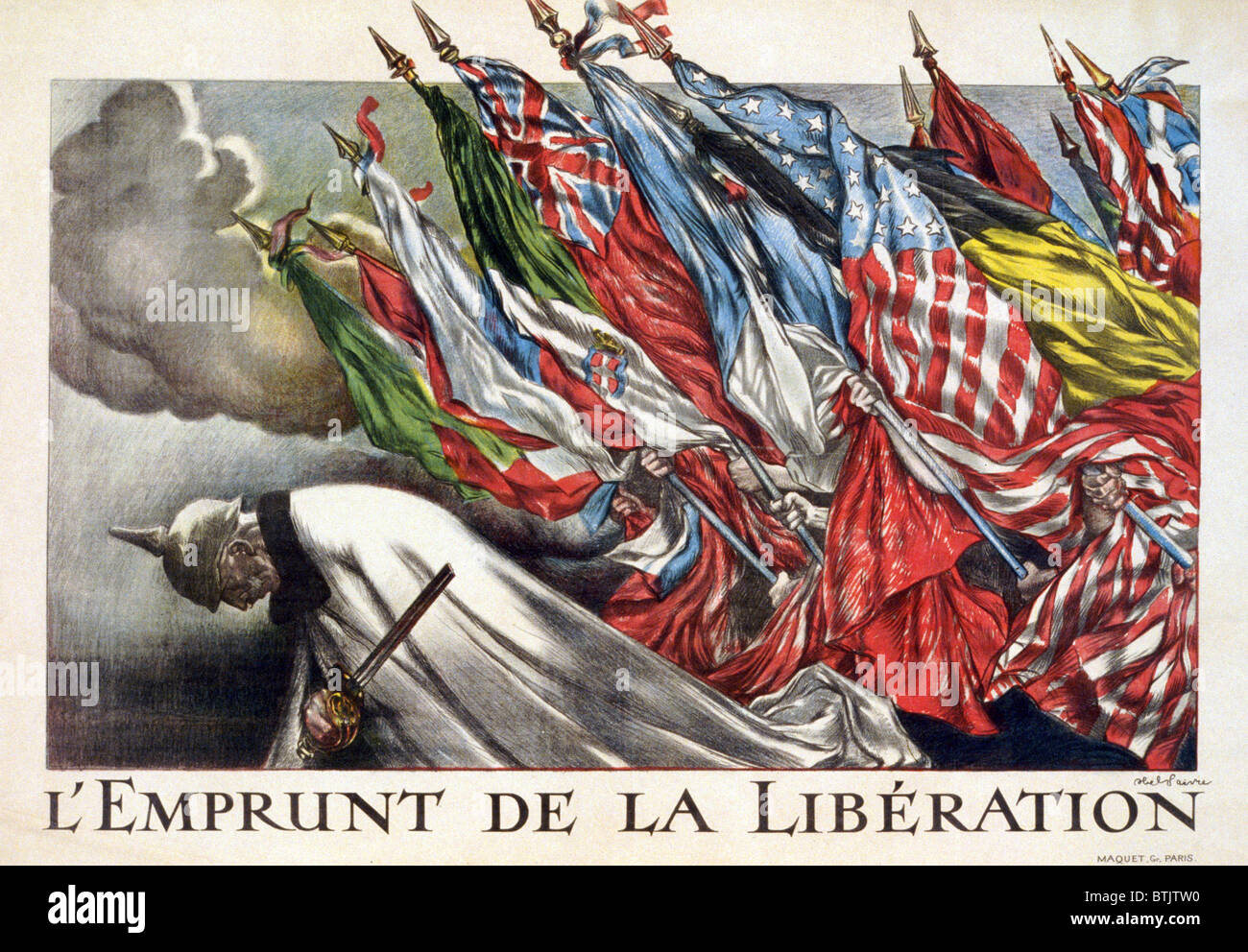 La PREMIÈRE GUERRE MONDIALE, la libération de prêt, titre original : "L'emprunt de la libération", les drapeaux des alliés sur le Kaiser Wilhelm Banque D'Images