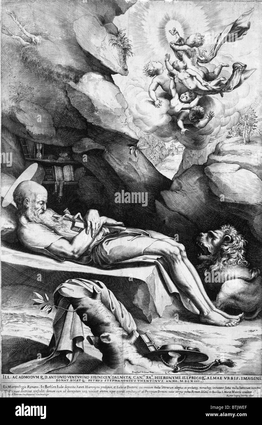 Saint Jérôme (347-410), dépeint comme un ermite et ascète au moment de sa mort. Jérôme a été l'un des plus importants Pères de l'église de la fin de l'Empire romain. 1614 gravure. Banque D'Images