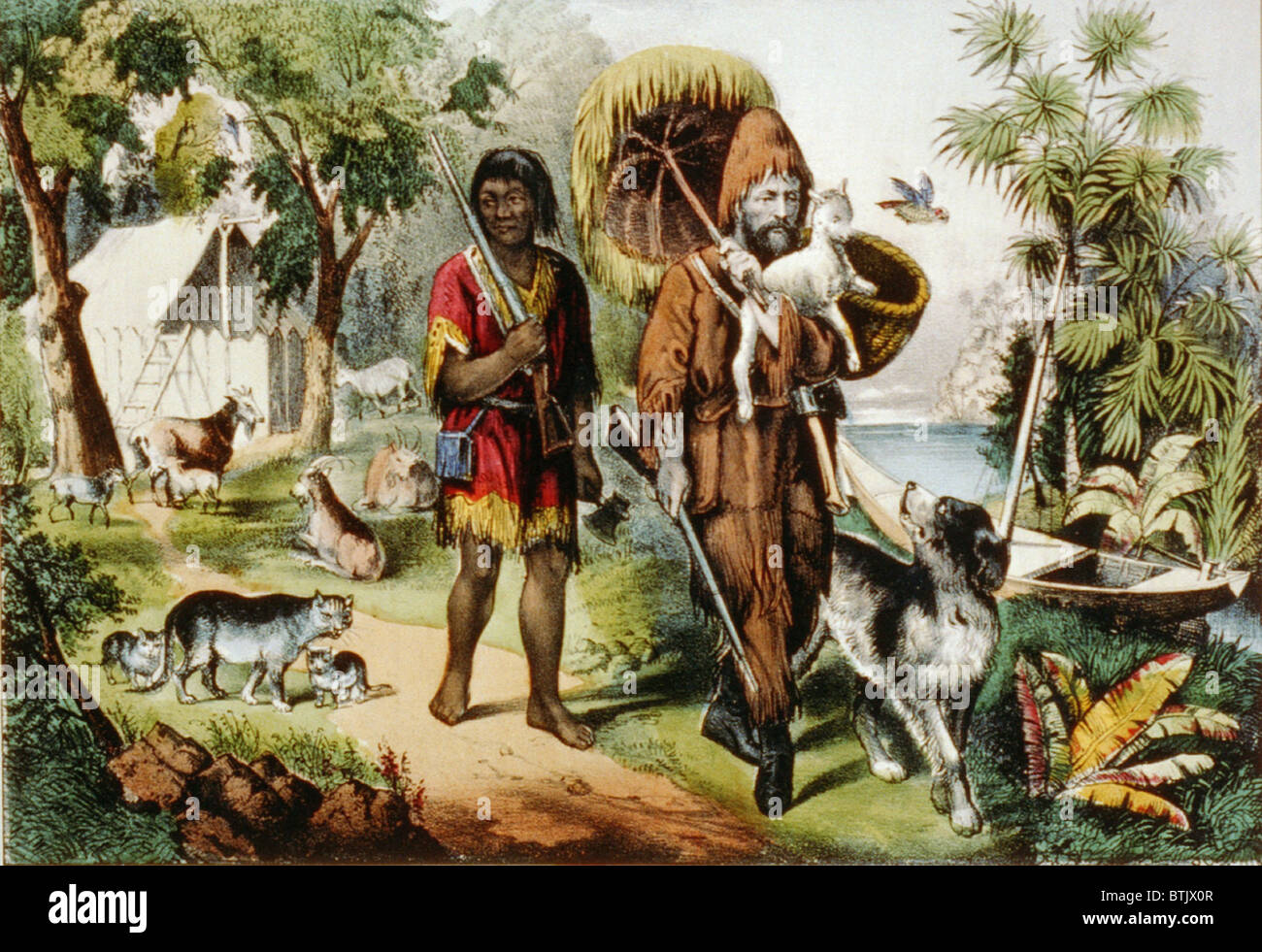 Le classique de Daniel Defoe, Robinson Crusoe, caractères et son compagnon vendredi, avec leurs animaux sur une île isolée. Écrit en 1720, 'Robinson Crusoe' a maintenu sa popularité dans le 20e siècle. 1875 Currier et Ives imprimer. Banque D'Images