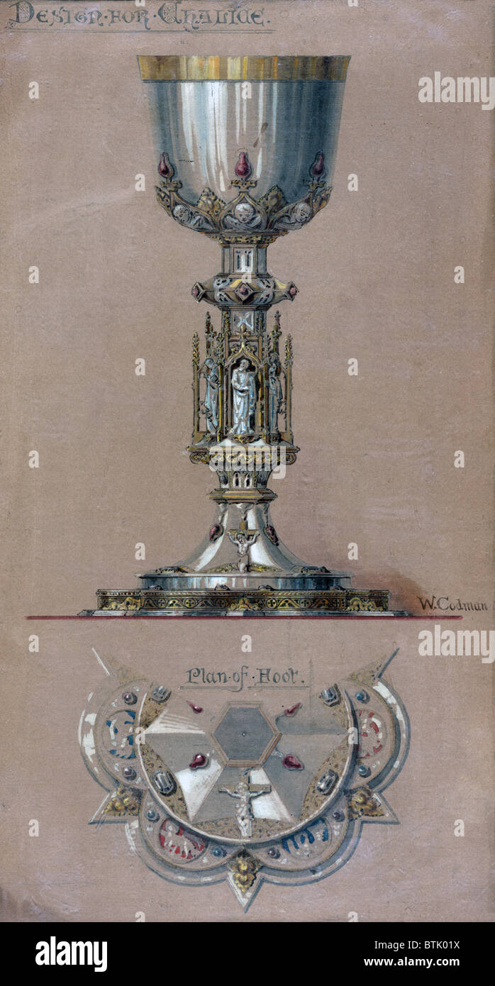 Gorham d'argent. Dessin de conception pour la ferronnerie : 'Design for Chalice, Plan de pied.' trésor reliquaire gothique/style, Jewelled, avec Banque D'Images