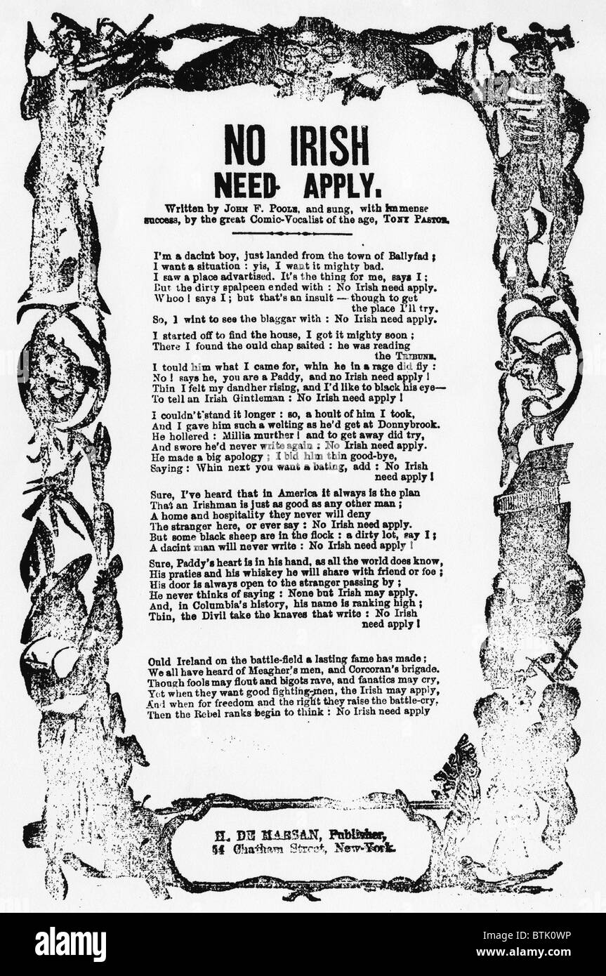Anti-Irish chanson. Pas besoin d'Irlandais s'appliquent. Sheet Music, écrit par John F. Poole, ca 1862 Banque D'Images