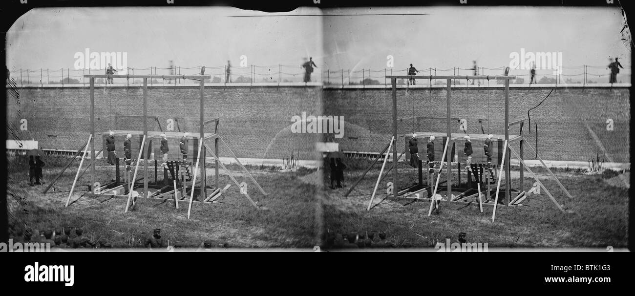L'assassinat du président Abraham Lincoln, hanging hooded corps des quatre complices, les protections qu'en cour, Washington Banque D'Images