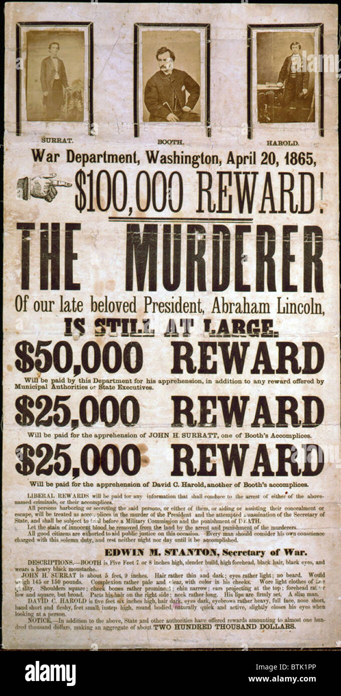 Avis de recherche pour les assassins d'Abraham Lincoln qui offre une bourse de 100 000 $. Poster affiche des images de John Wilkes Booth, John Surratt H., et David E. Herold. Banque D'Images