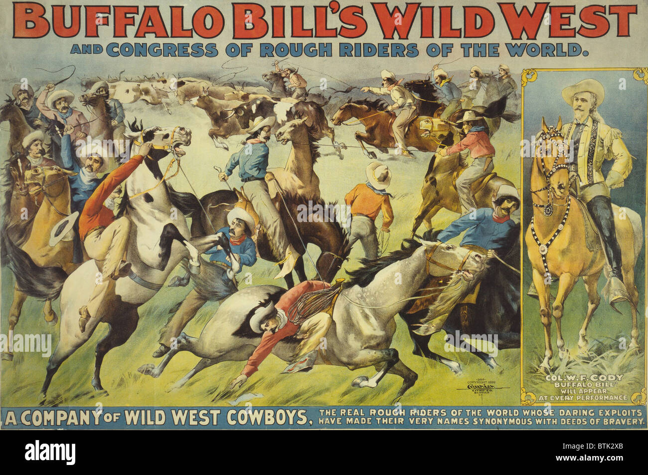 Buffalo Bill's Wild West Show affiche montrant cowboys rassembler le bétail. L'utilisation du terme "Rough Riders,' célèbre les exploits de la cavalerie de l'Armée américaine à Cuba en 1998. Banque D'Images