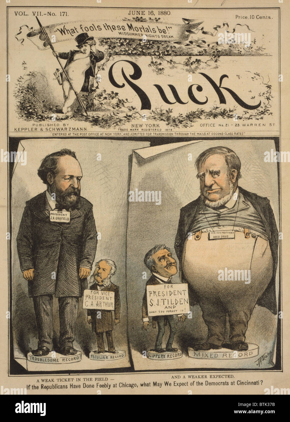 Élection présidentielle de 1880, caricature montrant les candidats James A. Garfield, Chester Arthur, Samuel J. Tilden, et David Davis debout sur leurs cordons', 'décrits respectivement comme gênant, singulier, glissante, et mixte. Publié dans la rondelle, 16 juin, 1880 Banque D'Images