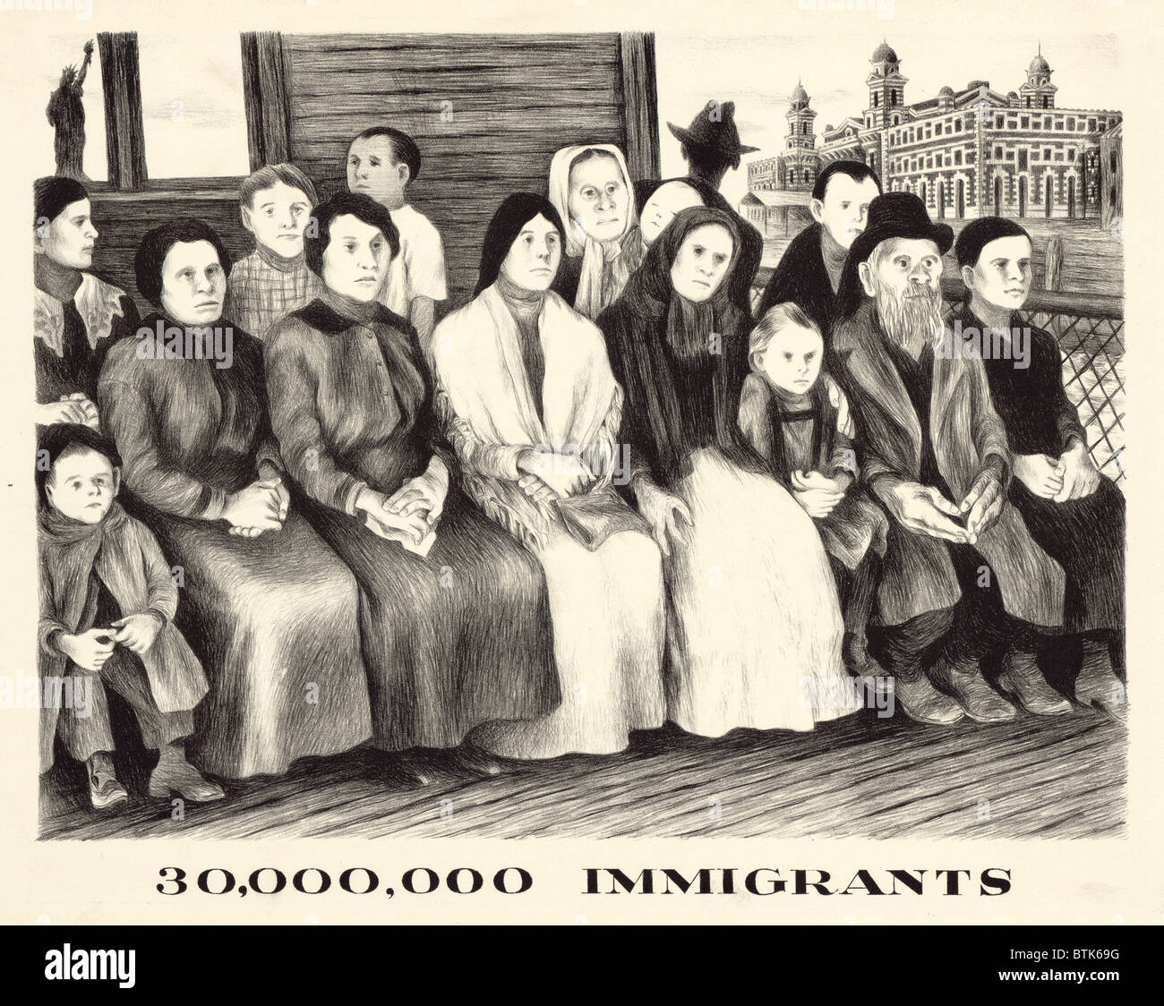 Les immigrants. montre un groupe d'immigrants en attente à un poste de ...