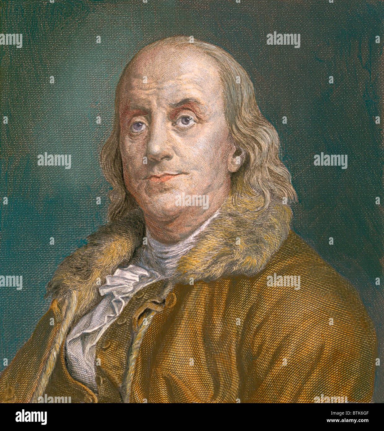 Benjamin Franklin (1706-1790) portrait en 1883. Franklin n'a pas porter des perruques poudrées et élaborer les costumes de son époque. J.A. Portrait de Duplessis avec couleur moderne. Banque D'Images