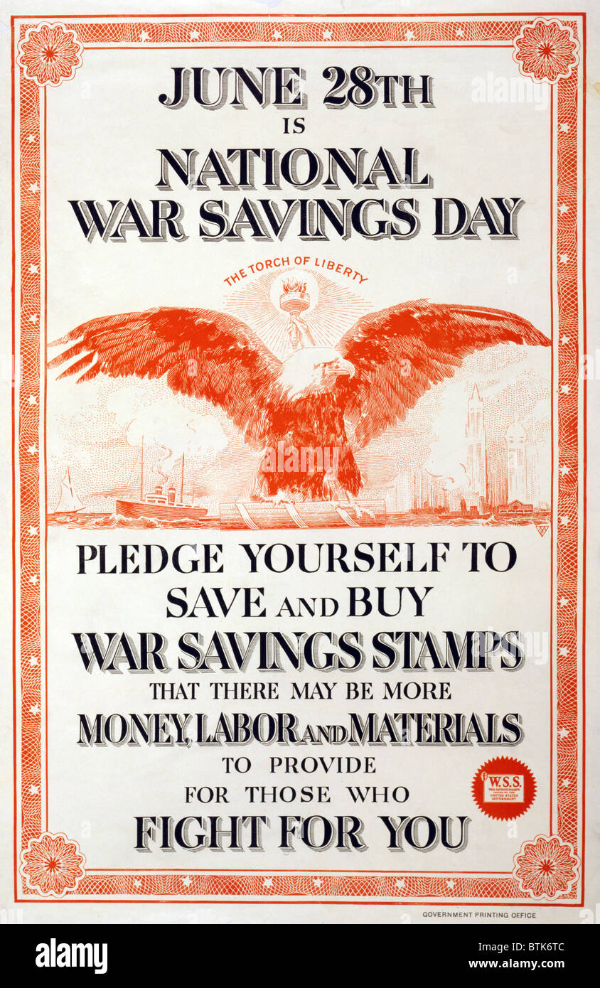 La Première Guerre mondiale, une affiche dans le style d'un certificat d'actions, décoré avec un aigle et "le flambeau de la liberté." 1918 Banque D'Images