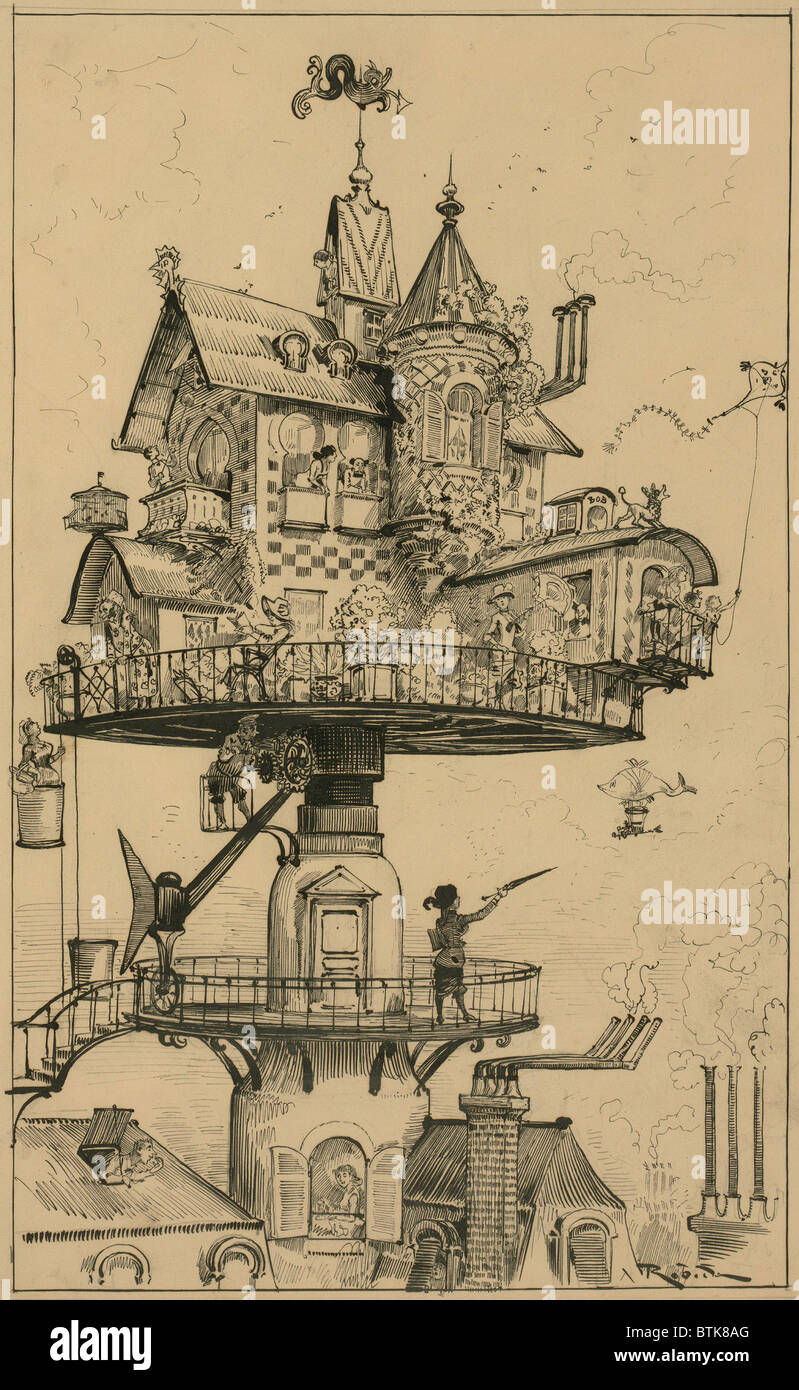 Dessin futuriste par Albert Robida (1848-1926), pour son livre sur la vie dans le prochain xxe siècle montre une habitation élevée au-dessus des toits et conçu pour tourner dans plusieurs directions. Un occupant points à un dirigeable avec un sac en forme de poisson dans le ciel bas à droite. 1983. Banque D'Images