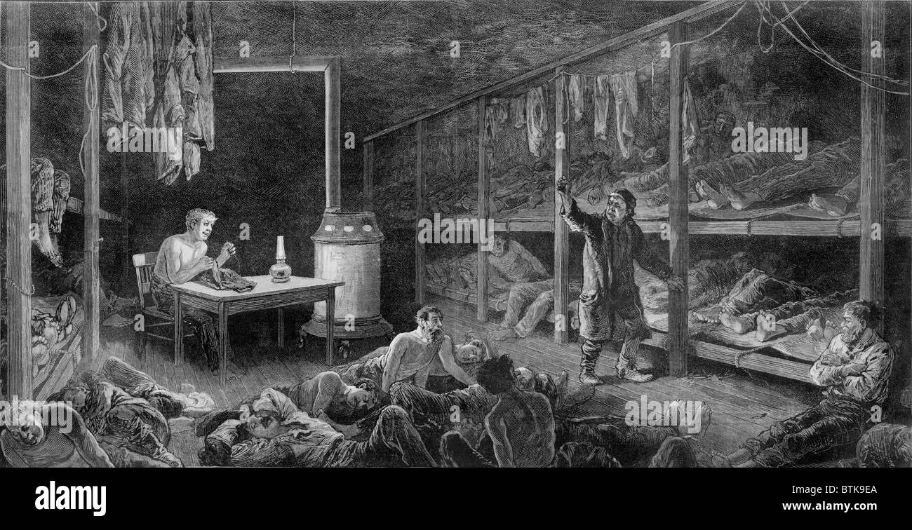 Vue de l'intérieur de la ville de New York, un cinq-cent den sur Pearl Street, offerts couchette ou le plancher avec une fournaise centrale pour la chaleur. Flophouse l'assainissement a été minime et contagieuse a été un grave problème de santé publique. 1882. Banque D'Images