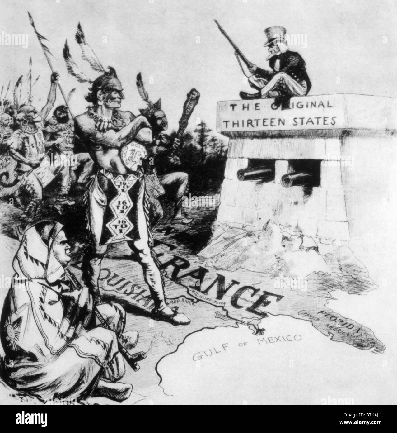 Caricature politique par William Allen Rogers favoriser la réélection du Président William McKinley représente-démocrate William Jennings Bryan et Eugene Debs V. socialiste comme des sauvages de l'ouest d'attaquer l'original treize membres, 1900 Banque D'Images