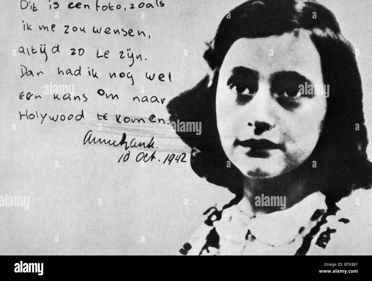 Anne Frank, photographie inscrit avec son souhait d'aller à Hollywood, le 10 octobre 1942 Banque D'Images