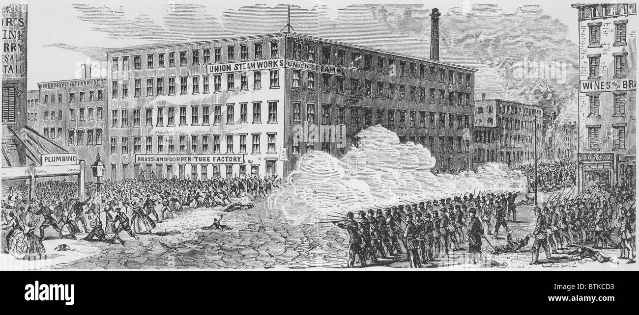 Le projet de lutte anti-émeute sur la 2e Avenue du 16 juillet 1863, dans laquelle les troupes de l'Union a ouvert le feu sur la foule, causant de nombreux décès. 16 juillet était la quatrième, et dernière, le jour de l'émeute. Banque D'Images