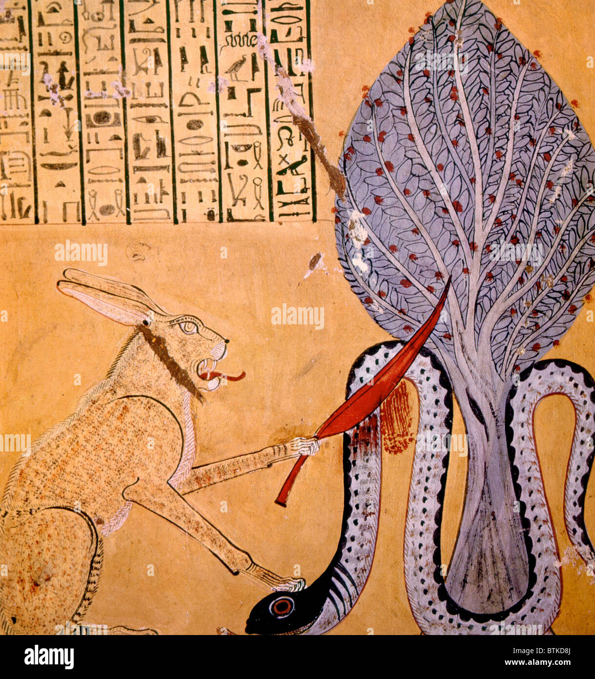 Peinture d'un chat à oreilles de lapin associé avec le Dieu Soleil Ra tuant le serpent Apophis dieu des enfers, de la tombe de Inherkhaul, XX dynastie, l'Égypte Banque D'Images