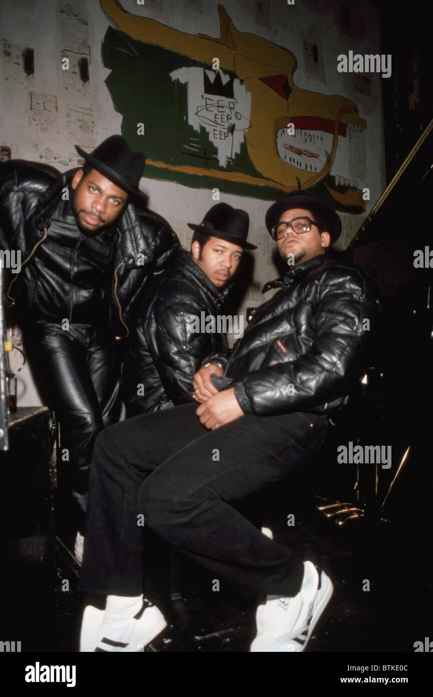 Run DMC, (de gauche) Le révérend Joseph Simmons (Run), Darryl McDaniels Jam Master Jay (Jay Mizell), janvier 1986. photo : Karen Pe Banque D'Images