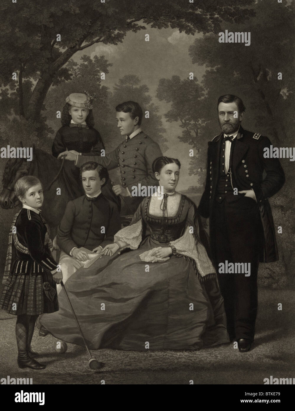 Ulysses S. Grant avec sa famille lorsqu'il était candidat à la présidence en 1868. De gauche à droite sont : enfants Jesse, Nellie, Buck, et Fredrick, épouse Julia, et le général Grant. Frederick aurait une carrière militaire réussie, atteignant le grade de général. Banque D'Images
